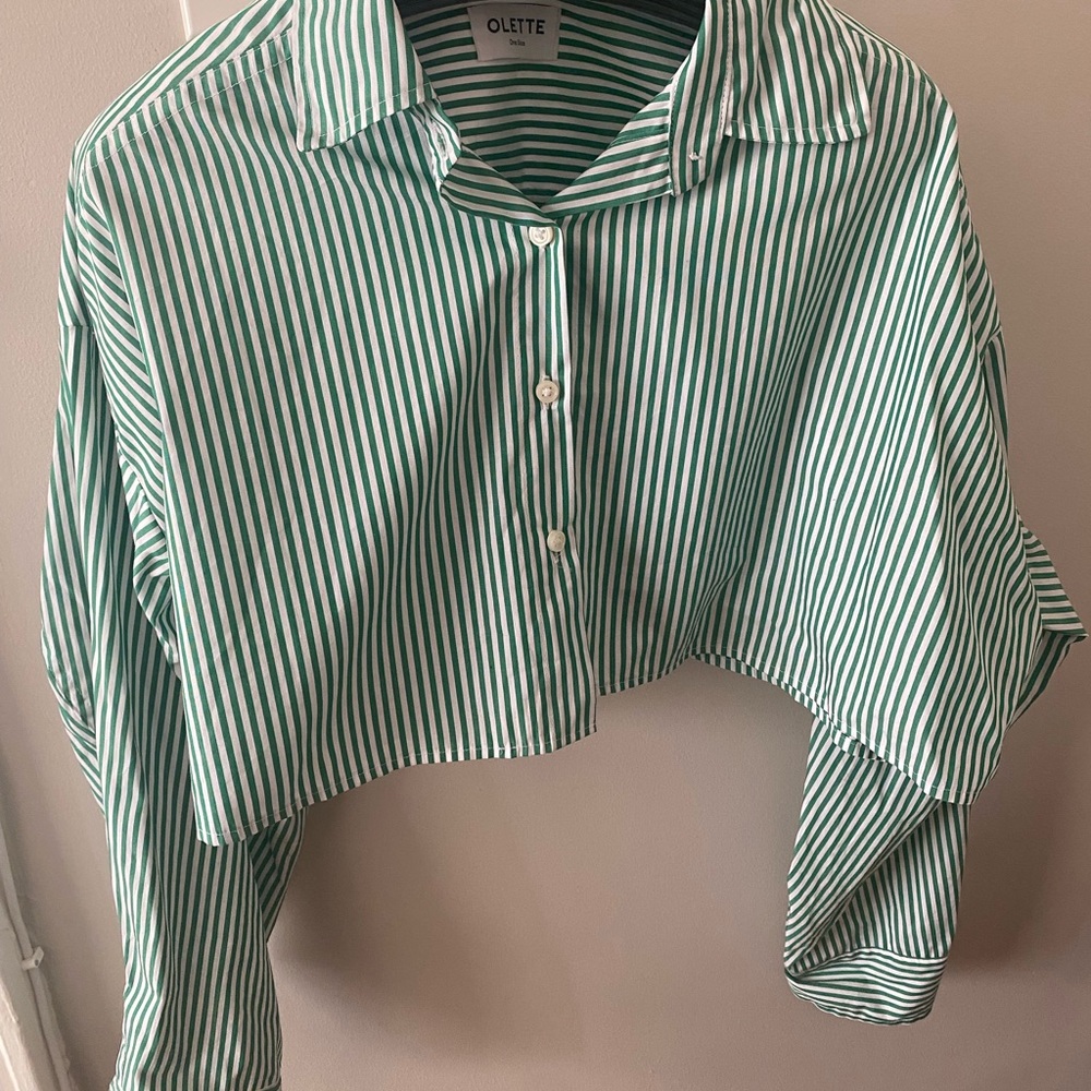 Olette Green Striped Cropped Shirt